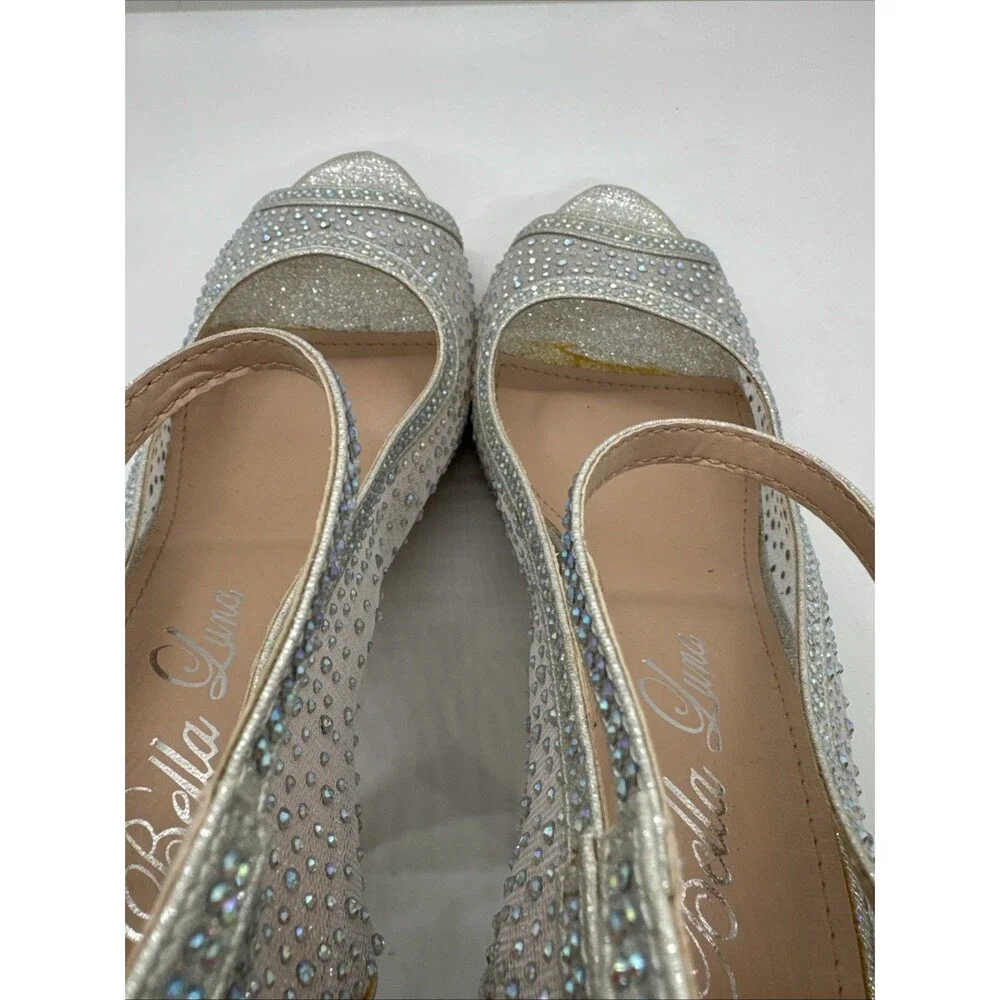 Bella Luna Silver Mesh Jeweled Heel Stiletto narrow Open Toe Shoes Size 7.5